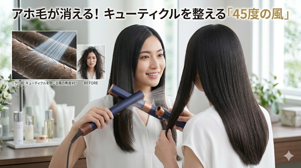 風量と飛び散り】大風量で髪がバサバサに散らからない？アホ毛は浮か